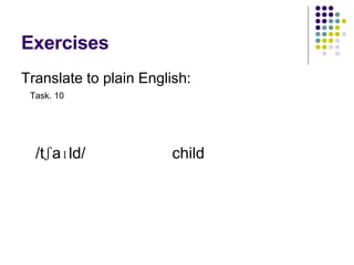 Exercises Translate to plain English: / tʃaɪld/  child Task. 10 