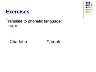Exercises Translate to phonetic language: Charlotte /’ʃɑrlət/ Task. 18 