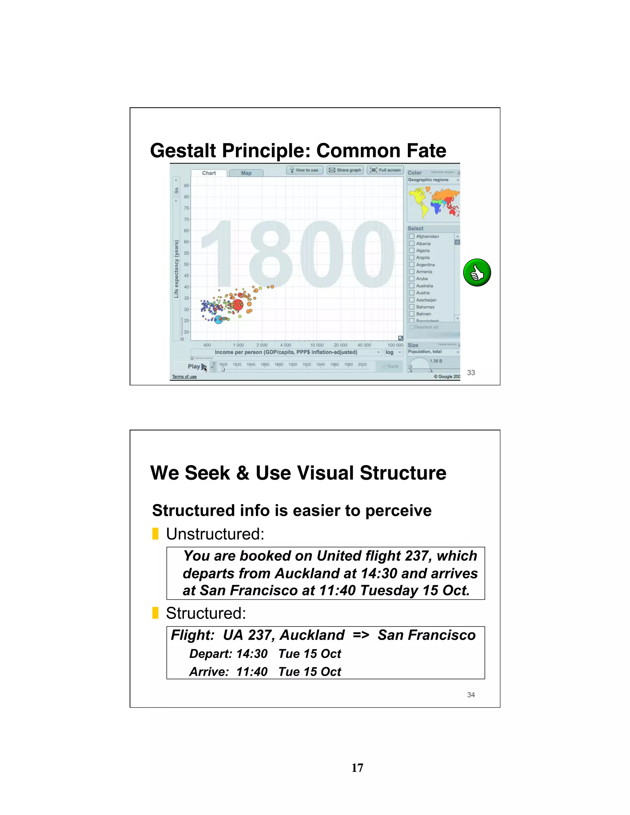 17
33
Gestalt Principle: Common Fate
34
We Seek & Use Visual Structure
Structured info is easier to perceive
❚  Unstructured:
You are booked on United flight 237, which
departs from Auckland at 14:30 and arrives
at San Francisco at 11:40 Tuesday 15 Oct.
❚  Structured:
Flight: UA 237, Auckland => San Francisco
Depart: 14:30 Tue 15 Oct
Arrive: 11:40 Tue 15 Oct
 