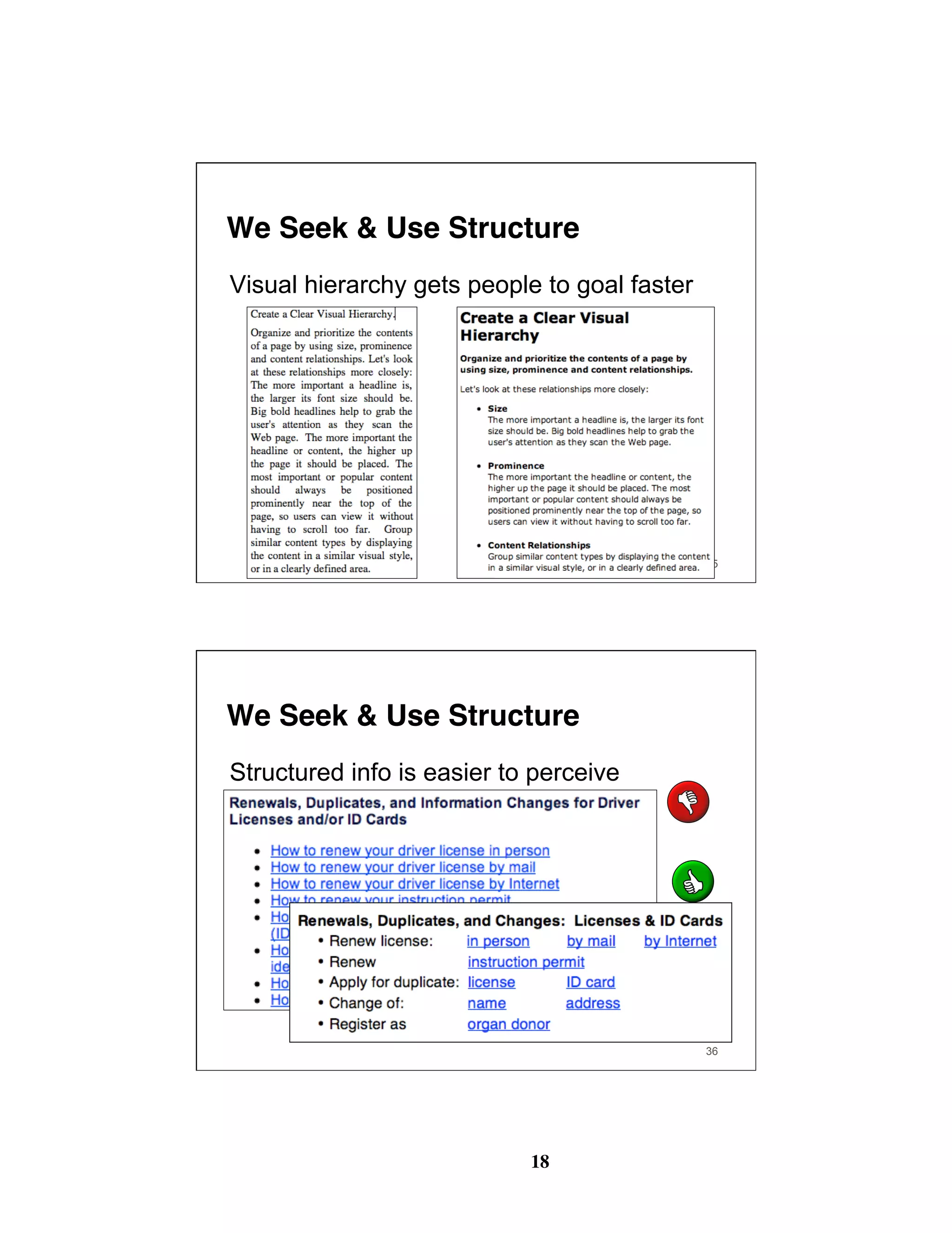 18
35
We Seek & Use Structure
Visual hierarchy gets people to goal faster
36
We Seek & Use Structure
Structured info is easier to perceive
 