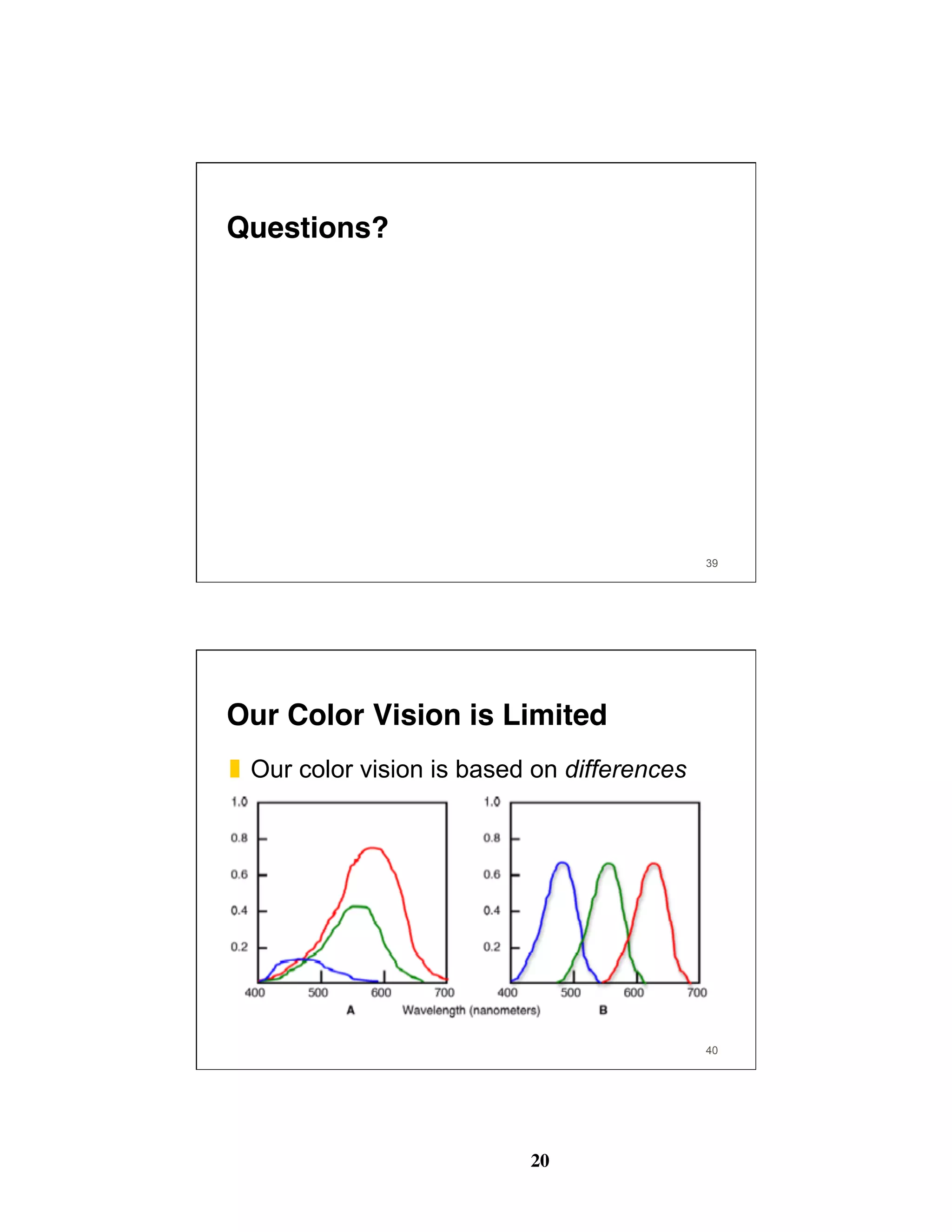 20
39
Questions?
40
Our Color Vision is Limited
❚  Our color vision is based on differences
 