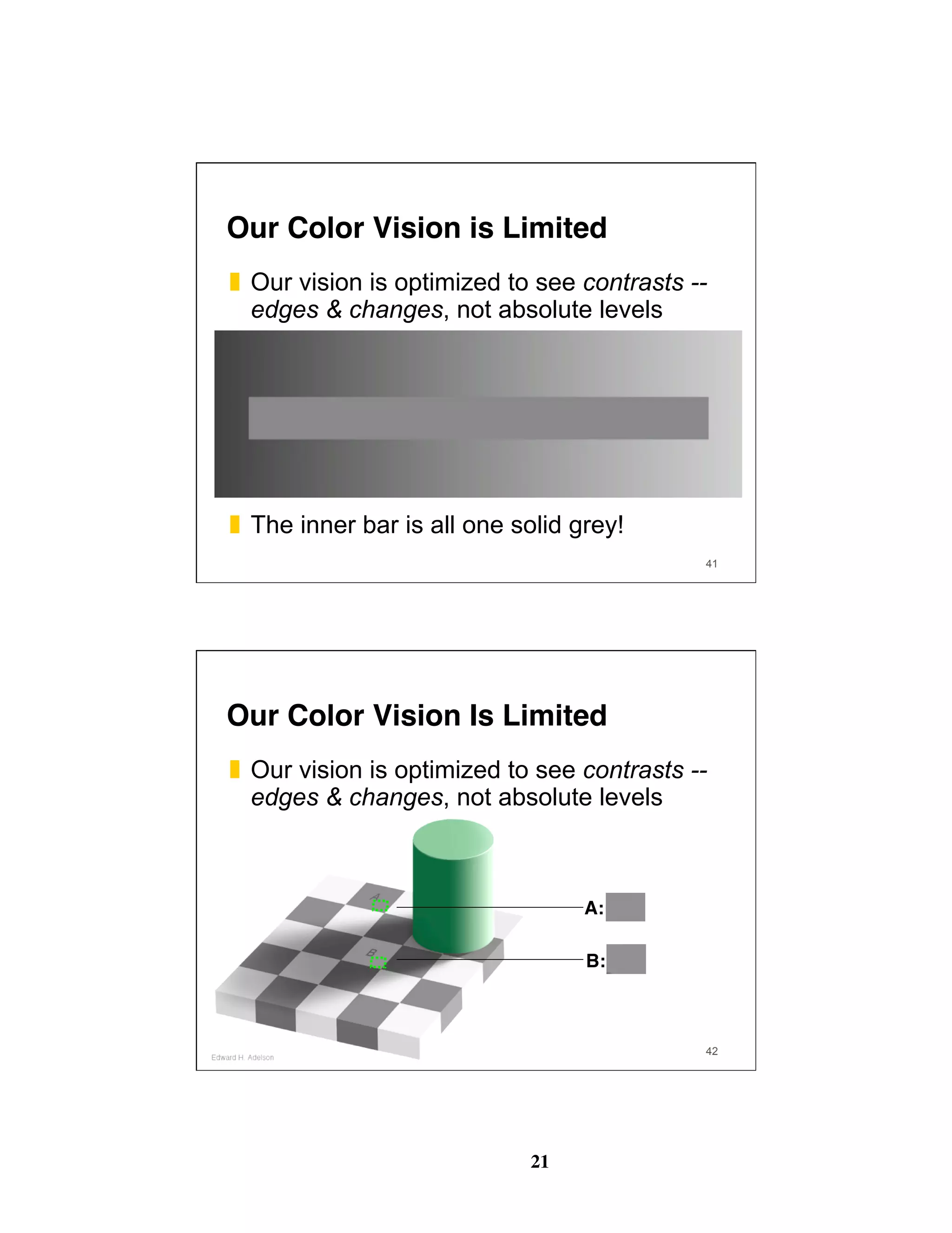 21
41
Our Color Vision is Limited
❚  Our vision is optimized to see contrasts --
edges & changes, not absolute levels
❚  The inner bar is all one solid grey!
42
Our Color Vision Is Limited
❚  Our vision is optimized to see contrasts --
edges & changes, not absolute levels
A:
B:
 
