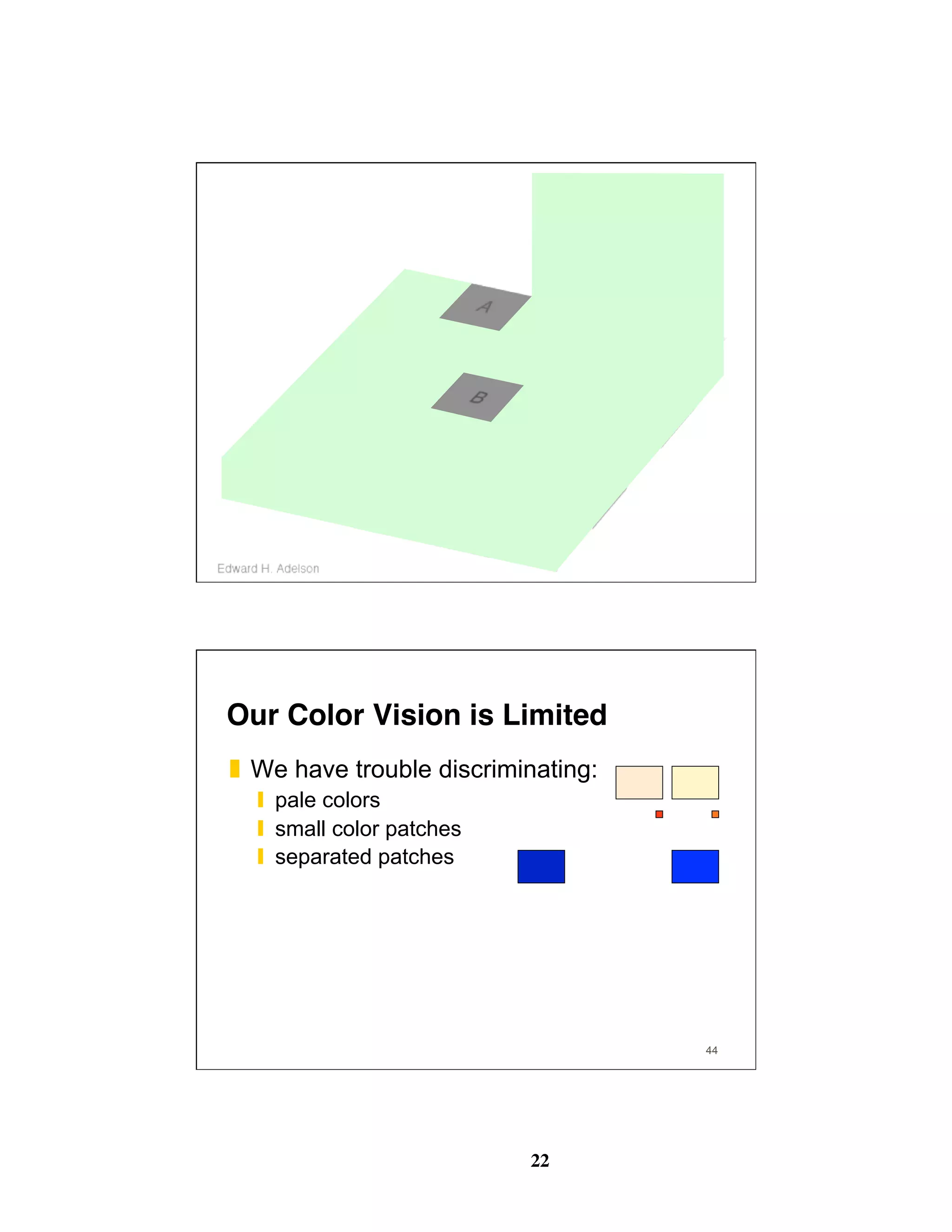 22
44
Our Color Vision is Limited
❚  We have trouble discriminating:
❙  pale colors
❙  small color patches
❙  separated patches
 