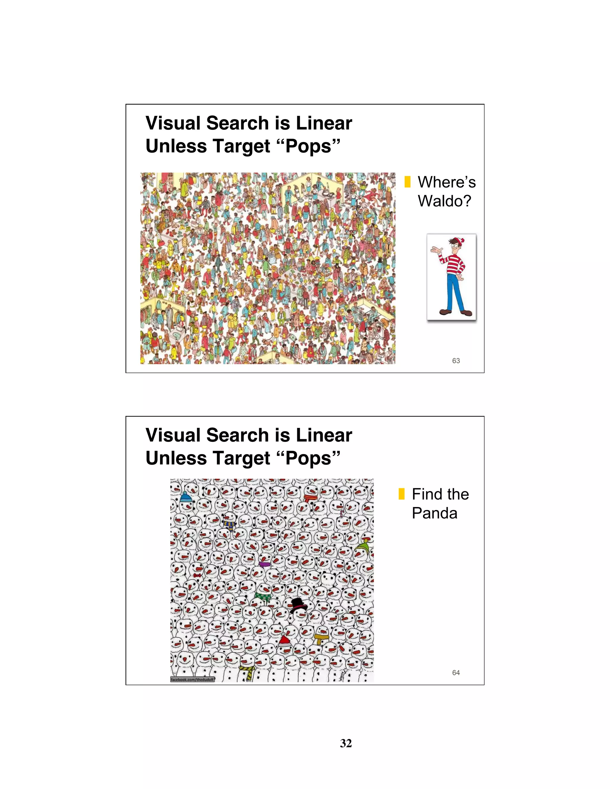 32
Visual Search is Linear 
Unless Target “Pops”
❚  Where’s
Waldo?
63
Visual Search is Linear 
Unless Target “Pops”
❚  Find the
Panda
64
 