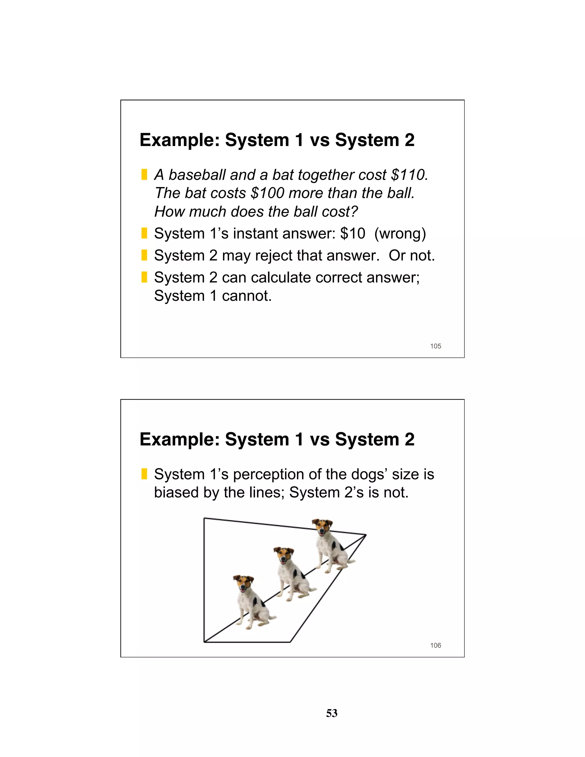 53
Example: System 1 vs System 2
❚  A baseball and a bat together cost $110.
The bat costs $100 more than the ball.
How much does the ball cost?
❚  System 1’s instant answer: $10 (wrong)
❚  System 2 may reject that answer. Or not.
❚  System 2 can calculate correct answer;
System 1 cannot.
105
Example: System 1 vs System 2
❚  System 1’s perception of the dogs’ size is
biased by the lines; System 2’s is not.
106
 