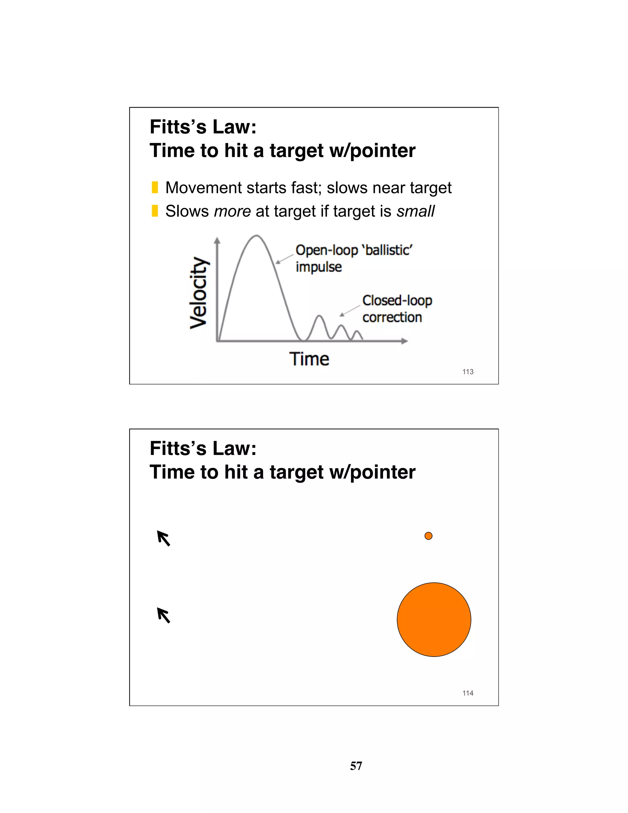 57
Fitts’s Law: 
Time to hit a target w/pointer
❚  Movement starts fast; slows near target
❚  Slows more at target if target is small
113
Fitts’s Law: 
Time to hit a target w/pointer
114
 
