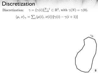 Discretization
Discretization:     = { (i)}N 1
                            i=0       R2 , with (N ) = (0).

         ⇥µ, ⇥⇤ =    i ⇥µ(i),   ⇥(i)⇤|| (i)   (i + 1)||




                                                              k




                                                                  8
 