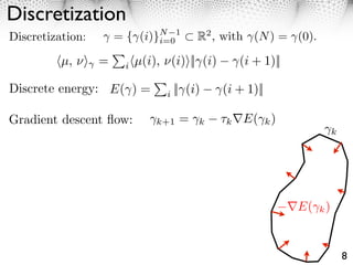 Discretization
Discretization:     = { (i)}N 1
                            i=0          R2 , with (N ) = (0).

         ⇥µ, ⇥⇤ =    i ⇥µ(i),   ⇥(i)⇤|| (i)      (i + 1)||

Discrete energy: E( ) =         i   || (i)    (i + 1)||

Gradient descent ﬂow:       k+1      =   k    ⇥k E( k )
                                                                      k




                                                             E( k )


                                                                          8
 