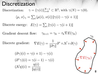 Discretization
Discretization:      = { (i)}N 1
                             i=0            R2 , with (N ) = (0).

         ⇥µ, ⇥⇤ =     i ⇥µ(i),   ⇥(i)⇤|| (i)       (i + 1)||

Discrete energy: E( ) =          i   || (i)     (i + 1)||

Gradient descent ﬂow:        k+1      =     k   ⇥k E( k )
                                                                        k
                                 1
Discrete gradient:    ⇥E( ) =        ⇥           N    ⇥( )
                              ||⇥ ||

        (⇥ )(i) = (i + 1)            (i)
                                                               E( k )
        (⇥ )(i) = (i 1)               (i)
                     (i)
        (N )(i) =
                  || (i)||
                                                                            8
 
