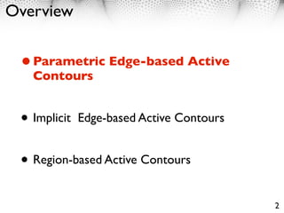 Overview


 • Parametric Edge-based Active
   Contours


 • Implicit   Edge-based Active Contours


 • Region-based Active Contours
                                           2
 