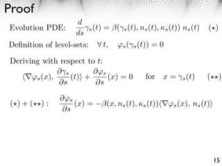 Proof
                    d
Evolution PDE:         ⇥s (t) = (⇥s (t), ns (t), ⇤s (t)) ns (t)    ( )
                    ds
Deﬁnition of level-sets:      t, ⇥s ( s (t)) = 0

Deriving with respect to t:
              ⇤ s       ⇤⇥s
      ⇥s (x),     (t) +     (x) = 0           for x =     s (t)    ( )
              ⇤s         ⇤s
                ⌅⇤s
( )+( ):            (x) =       (x, ns (t), ⇥s (t))   ⇤s (x), ns (t)
                 ⌅s




                                                                       15
 