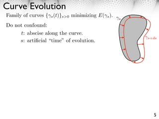 Curve Evolution
Family of curves { s (t)}s>0 minimizing E( s ).
                                                  s

Do not confound:
     t: abscise along the curve.
                                                      s+ds
     s: artiﬁcial “time” of evolution.




                                                        5
 