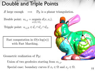 Double and Triple Points
S large enough     =       DS is a planar triangulation.

Double point: wi,j = argmin d(x, xi ).
                        x Ci ⇥Cj

Tripple point: si,j,k   Ci ⇥ Cj ⇥ Ck .

                                                               si,j,k   xk
                                                       xi                    xj
  Fast computation in O(n log(n))
      with Fast Marching.                                       wi,j



Geometric realization of DS :
  Union of two geodesics starting from wi,j .
   Special case: boundary curves if xi       and xj        .                 11
 
