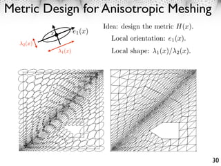 Metric Design for Anisotropic Meshing
                            Idea: design the metric H(x).
           x       e1 (x)
                              Local orientation: e1 (x).
      Heuristic Algorithms for
   2 (x)
         (x)       Local shape: 1 (x)/ 2 (x).
   Generating Anisotropic Meshes
               1




 Bossen−Heckbert [1996]        George−Borouchaki [1998]     30
 