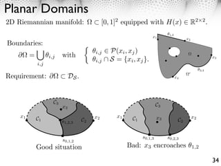 105    This section, shows how several tools from computational geometry extend

   Planar Domains
                                106  to the setting of a Riemannian metric.
                                107       Starting from a set of points S = {xi }m , one can deﬁne graphs and trian-
                                                                                    i=1
                ECCV-08 submission ID1057
                                108  gulations that 11reﬂect the geometry of the Riemannian manifold. These pointsECCV
                                     and the corresponding graphs are the basic building blocks of the algorithms for
    2D Riemannian manifold:                                   [0, 1] equipped with H(x) ⇥ R
                                                               2                                          2 2
                                                                                                                   .
                                109
                                     perceptual grouping and planar domain meshing.
 e to the boundary. A boundary sub-curve i,j is 245 245 if a point xk is located too close to the boundary.
                                110

S if it exists a triple point wi,k,0 i,jInsee ﬁgure 246 the boundary ⇧ encroached by xk
                                         , the following, 246 said to be of is                   S if it exists a triple
nnot be part of the Delaunay triangulation, anda 247 of closedSuch ancurves. x1
                                     assumed to be set 247 7. smooth encroached edge cannot be part of the
 orithm by inserting a mid point. Similarly, triple 248 of S is automatically split by the algorithm by inserting
                                     At least one point 248 is located on each                      x2
     Boundaries:                     curve, and these boundary points segment
croach any boundary sub-curve (the sub-curve is 249 249 points are not added if they encroach any boundar
             ⇥                       ⇧ as a set of sub-curves i P(x , x )
                                                    i,j250 250 subdivided instead).
                                                                         j
        ⇥ =                          with                                                            Ω
                           i,j
                                                              ⇥ S = {x , x }.
                                111
                                             ⇥
                                                                     Another)
                                                                                                                   x3
he Delaunay graph DS of S is not ⇧ = ⇥i,j i,j251 251 ⇥i,j ⇤ P(xi , xjj di⇥culty is that the Delaunay graph
                                      necessarily awith                 i
                      i,j                                      ⇥i,j ↵ S = {xi , xj }.
 ng S is not dense enough, see [7]. This is because 252 252 valid triangulation if the sampling S is not dense en
                                            i,j
 connected to only one other point of S in DS . 253 253 of some isolated point, that is connected to only
    Requirement:                      S.
                                     (one can have xi = xj if there is only one
                                    Dpoint on a curve).                                       Ωc
dd points on the Voronoi cell boundary of such a 254 254 The algorithm automatically4add points on the Vo
                                                                                         x
                                                     255 255 point.

                                   112    2.1     Delaunay and Voronoi Graphs
                                   113          The segmentation of the domain in Riemannian Voronoi cells is
                                                        ⇥
                                     x3           = C0     Ci where Ci = {x ⇤  ⇧ j ⌅= i, d(xi , x) d(xj , x)} .       (7)
                                                       xi S
     x2     x1                                         x2          x1                                 x2 x1
                                   114    The outer Voronoi cell is deﬁned as C0 = Closure( c ).
                                                                                       x3
                                             The Delaunay graph DS of S is a graph where two points are connected if
                                          their respective Voronoi cells are adjacent
                                                                 (xi , xj ) ⇤ DS        ⇥     Ci ↵ Cj ⌅= ⌃.
                                   To each Delaunay    (x   Bad:corresponds a double point 1,2
                                                            ) D      x3 encroaches wi,j
                  Good situationvertexpoint toedgeandi,xxjj7.⇤theS common Voronoi cell boundary , which is
aches the boundary curve ⇥ . Right:the closest x
                             1,2    the             xi Fig. on Left: the vertex x encroaches the boundary
                                                         3                                            3
e (x1 , x2 ) is a Delaunay edge.                                   does not encroach anymore because (x1 , x2 ) is a Delau
                                                                      wi,j = argmin d(x, xi ).
                                                                                   x Ci ⌅Cj                            34
 