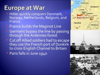 Hitler quickly conquers Denmark, Norway, Netherlands, Belgium, and France France builds the Maginot Line Germans bypass the line by passing through the Ardennes forest Cut off Allied soldiers had to escape they use the French port of Dunkirk to cross English Channel to Britain  Paris falls in June 1940 