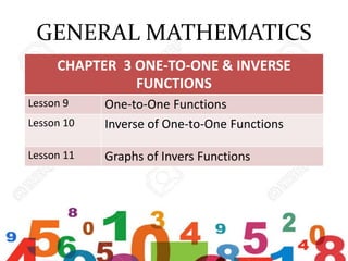 GENERAL MATHEMATICS
CHAPTER 3 ONE-TO-ONE & INVERSE
FUNCTIONS
Lesson 9 One-to-One Functions
Lesson 10 Inverse of One-to-One Functions
Lesson 11 Graphs of Invers Functions