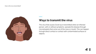 How is the virus transmitted?
Ways to transmit the virus
The virus that causes Covid-19 is transmitted when an infected
person, with or without symptoms, spreads the disease through
microdroplets that come out of the nose or mouth. This can happen
through direct contact or contact with contaminated surfaces or
objects.
 