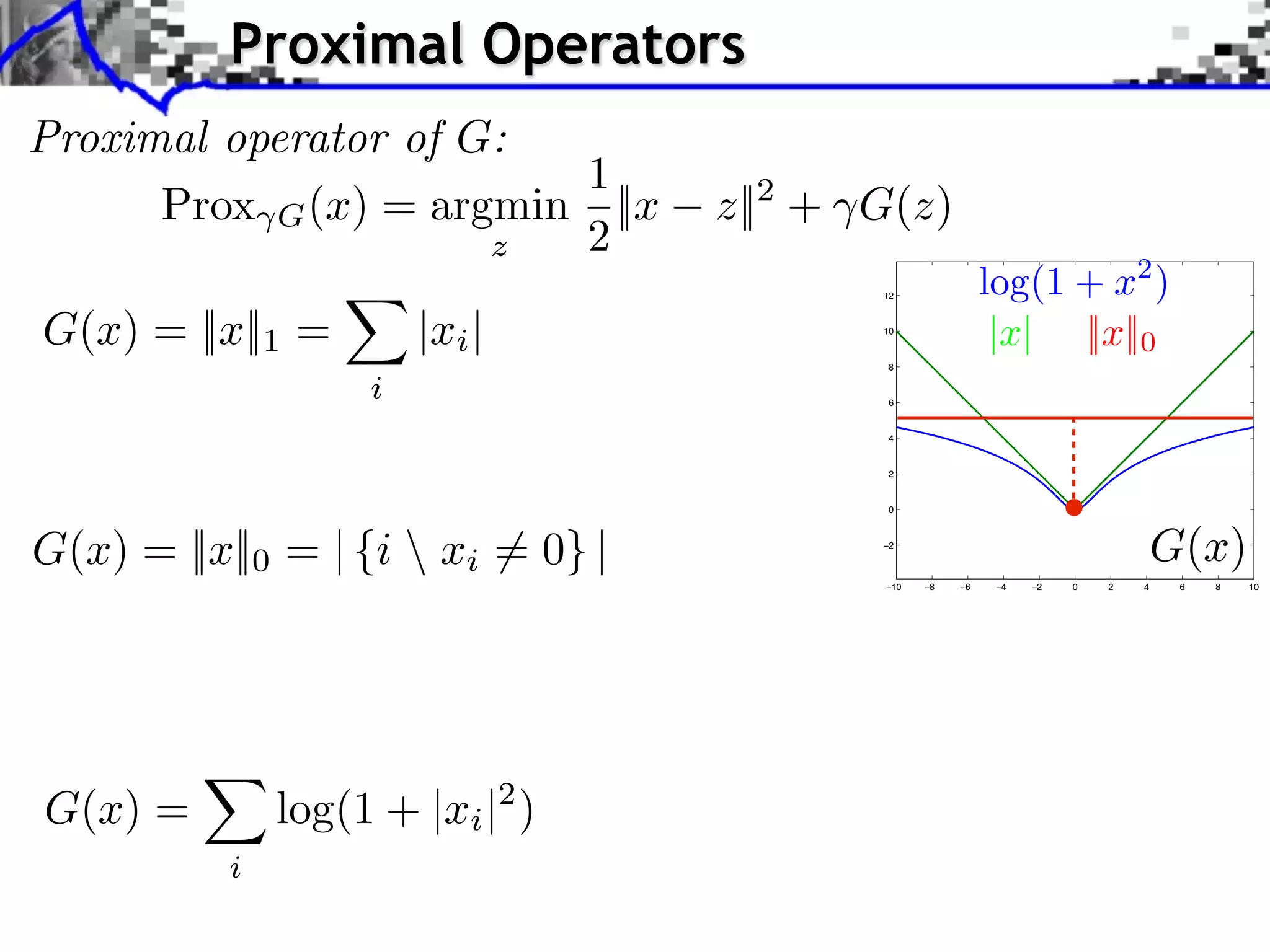 Proximal Operators Proximal operator of G: 1 Prox G (x) = argmin ||x z||2 + G(z) z 2 12 log(1 + x2 ) G(x) = ||x||1 = |xi | 10 |x| ||x||0 8 i 6 4 2 0 G(x) = ||x||0 = | {i xi = 0} | −2 G(x) −10 −8 −6 −4 −2 0 2 4 6 8 10 G(x) = log(1 + |xi |2 ) i 