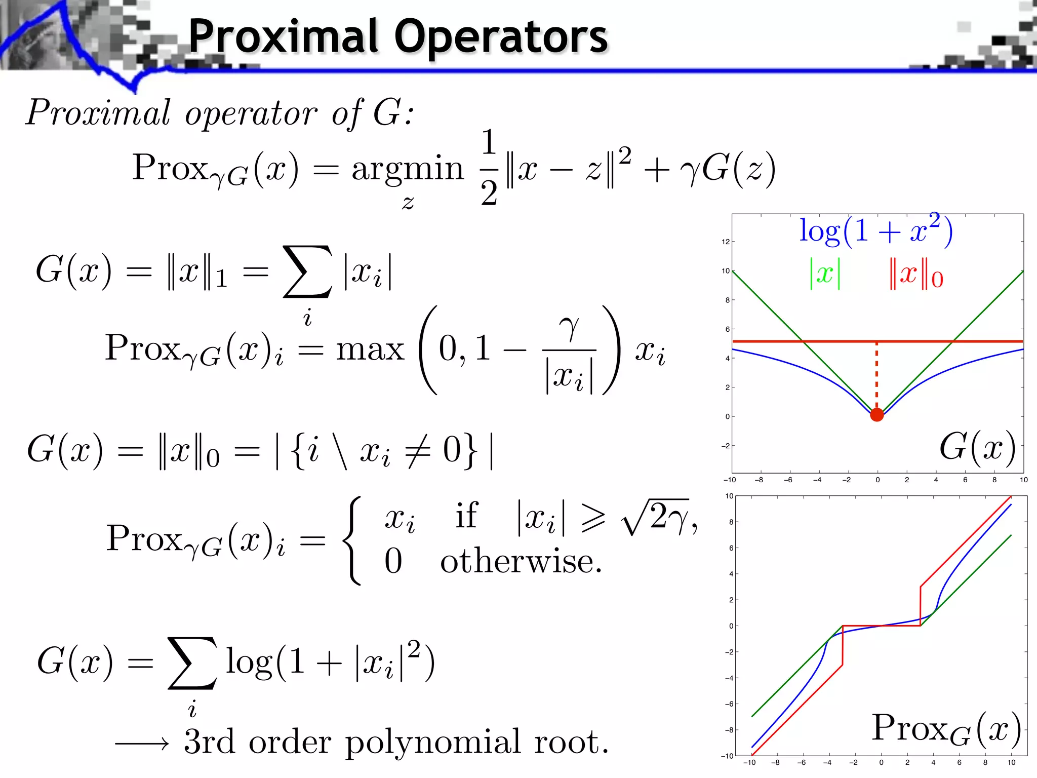 Proximal Operators Proximal operator of G: 1 Prox G (x) = argmin ||x z||2 + G(z) z 2 12 log(1 + x2 ) G(x) = ||x||1 = |xi | 10 |x| ||x||0 8 i Prox G (x)i = max 0, 1 6 xi 4 |xi | 2 0 G(x) = ||x||0 = | {i xi = 0} | −2 G(x) −10 −8 −6 −4 −2 0 2 4 6 8 10 xi if |xi | 2 , 10 Prox G (x)i = 8 0 otherwise. 6 4 2 0 G(x) = log(1 + |xi |2 ) −2 −4 i −6 3rd order polynomial root. −8 ProxG (x) −10 −10 −8 −6 −4 −2 0 2 4 6 8 10 