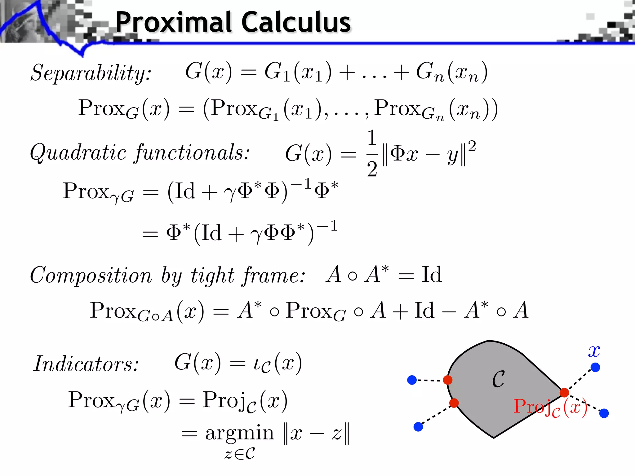 Proximal Calculus Separability: G(x) = G1 (x1 ) + . . . + Gn (xn ) ProxG (x) = (ProxG1 (x1 ), . . . , ProxGn (xn )) 1 Quadratic functionals: G(x) = || x y||2 2 Prox G = (Id + ) 1 = (Id + ) 1 Composition by tight frame: A A = Id ProxG A (x) =A ProxG A + Id A A x Indicators: G(x) = C (x) C Prox G (x) = ProjC (x) ProjC (x) = argmin ||x z|| z C 
