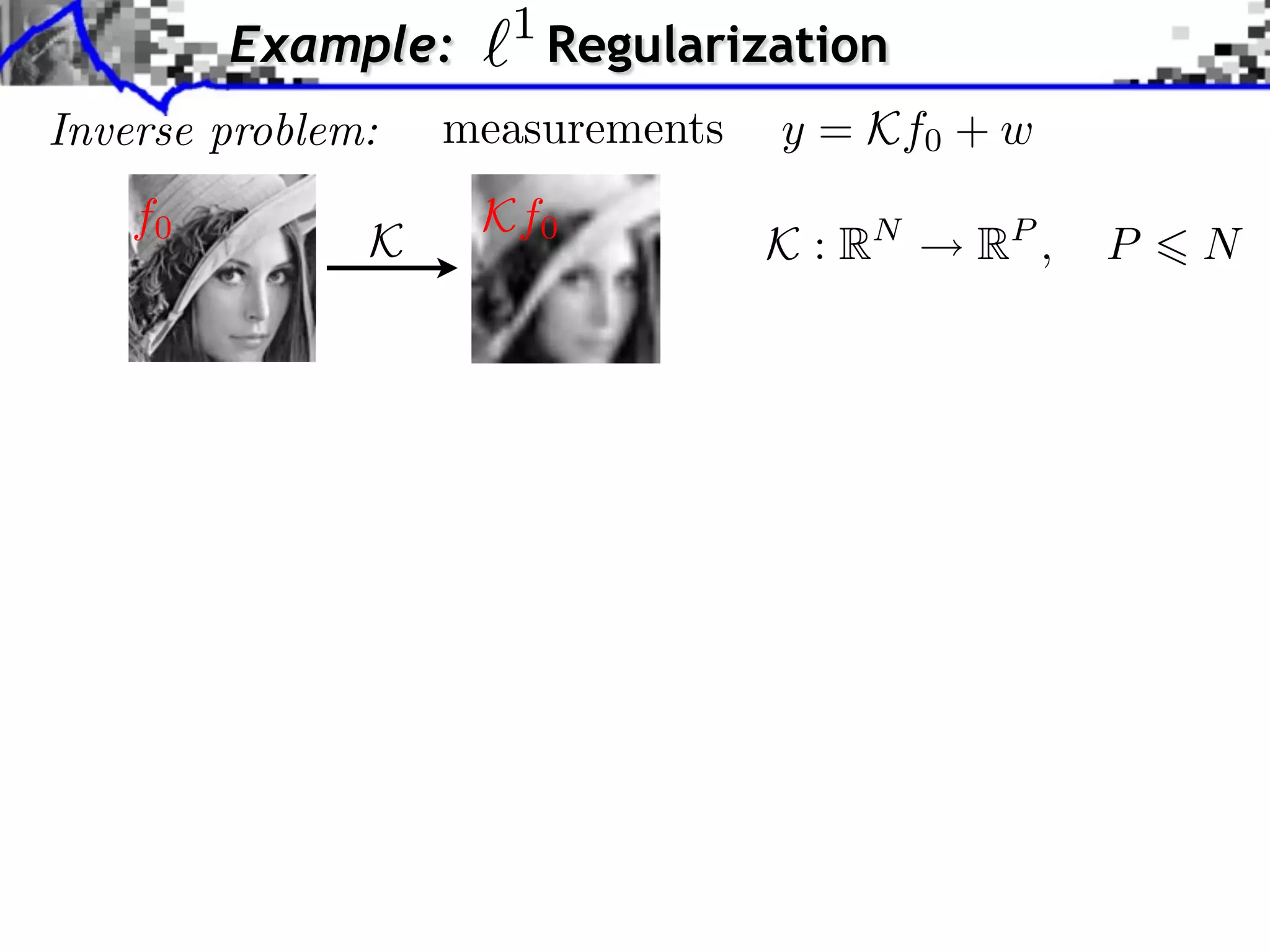 1 Example: Regularization Inverse problem: measurements y = Kf0 + w f0 Kf0 K K : RN RP , P N 