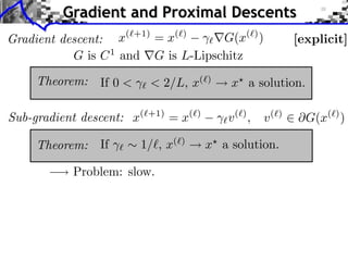 Gradient and Proximal Descents
Gradient descent:   x( +1) = x( )   G(x( ) )                      [explicit]
           G is C 1 and G is L-Lipschitz

     Theorem:   If 0 <     < 2/L, x(        )
                                                x a solution.

Sub-gradient descent: x(   +1)
                                 = x(   )
                                                v( ) ,   v(   )
                                                                    G(x( ) )

     Theorem:   If       1/⇥, x(   )
                                            x a solution.

           Problem: slow.
 