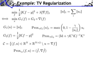 Example: TV Regularization
          1                                   ||u||1 =        ||ui ||
      min ||Kf y||2 + ||⇥f ||1
       f  2                                              i
      min G1 (f ) + G2 (f )
        x

G1 (u) = ||u||1      Prox   G1 (u)i    = max 0, 1                      ui
                                                         ||ui ||
         1
G2 (f ) = ||Kf     y||2         Prox        = (Id + K K)           1
                                                                       K
         2                             G2


C = (f, u) ⇥ RN       RN    2
                                 u = ⇤f
                         ˜ ˜
        Prox C (f, u) = (f , f )
 