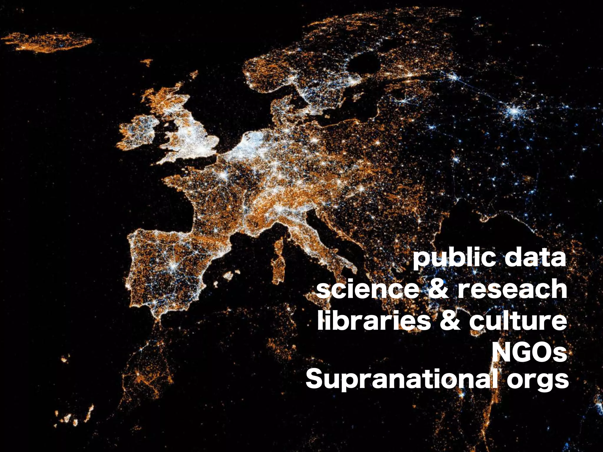 public data
science & reseach
libraries & culture
NGOs
Supranational orgs
 