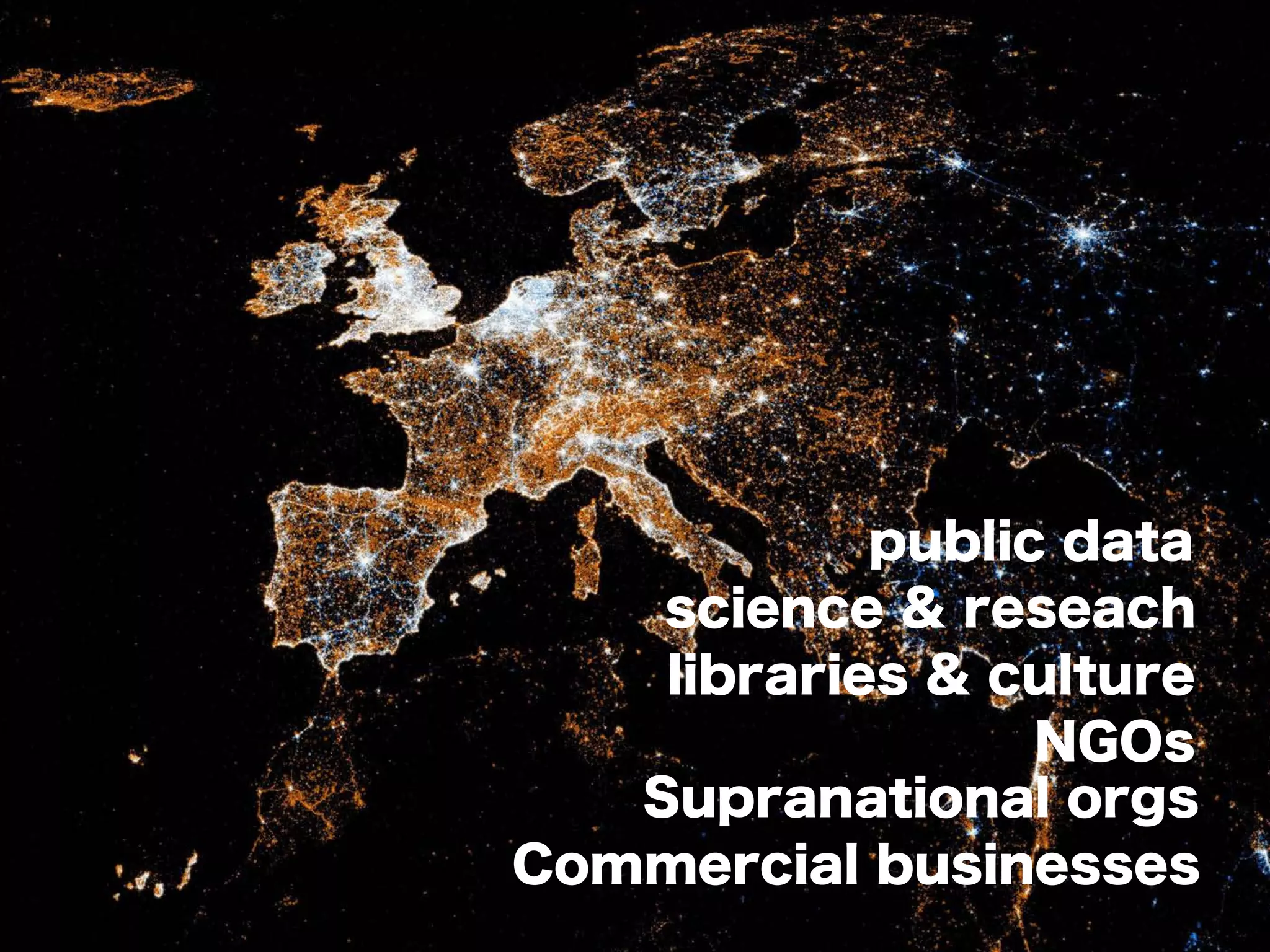 public data
science & reseach
libraries & culture
NGOs
Supranational orgs
Commercial businesses
 