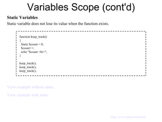 Variables Scope (cont'd) Static Variables Static variable does not lose its value when the function exists. View example without static View example with static function keep_track() { Static $count = 0; $count++; echo "$count <br>"; } keep_track(); keep_track(); keep_track(); http://www.php.net/manual 