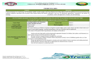 COURSE SYLLABUS
VISION MISSION
Total development of a God-loving, well disciplined, skillful, morally upright, and
globally competitive individuals who are proud of their Filipino identity and cultural
heritage.
Trece Martires City College adheres itself to the upliftment of every poor but deserving
individual in the city via educational opportunities, committed to the pursuit of
excellence, creative and appreciative of nature, arts and technology.
OUTCOMES BASED TEACHING AND LEARNING PLAN IN TEACHING ENGLISH IN THE
ELEMENTARY GRADES THROUGH LITERATURE
Course Name
Teaching English in the Elementary
Grades Through Literature
Course Code EEd115
Course Credits Three (3) units Pre/Co-requisites EEd111
Contact Hours/week 3 hours/week
Course Description This course will focus on Children’s Literature in English to include riddles, poetry, stories, drama, and other written works as an
avenue to teach English language. Teaching methodologies in the use of literature shall be emphasized.
Course Intended Learning Outcome
(CILO)
In the context of the specific field of specialization, the students will be able to:
1. Analyze and select high quality and developmentally appropriate literature for children, their authors, and illustrators in a
range of genres and age levels from preschool to 6th grade.
2. Develop a lesson to integrate literature throughout the curriculum.
3. Examine critically how children's literature reflects and promotes society's views of childhood, gender roles, etc. from
early books to current publishing trends.
4. Design age-appropriate activities designed to stimulate and extend children's literary experiences and reading enjoyment.
5. Include literature selections which show an appreciation for cultural diversity in each set.
6. Gain skill and composure in conducting lessons.
 
