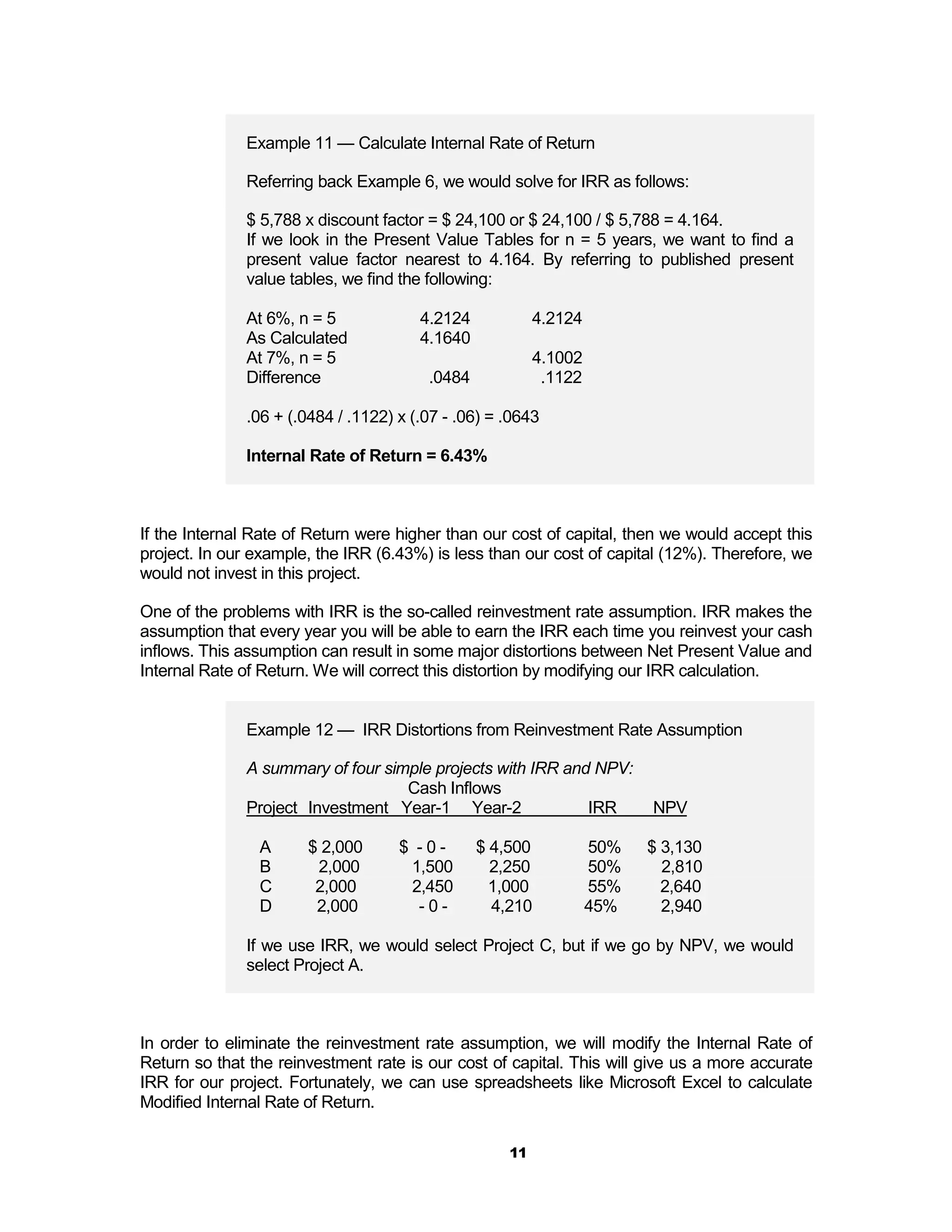Example 11 — Calculate Internal Rate of Return

              Referring back Example 6, we would solve for IRR as follows:

              $ 5,788 x discount factor = $ 24,100 or $ 24,100 / $ 5,788 = 4.164.
              If we look in the Present Value Tables for n = 5 years, we want to find a
              present value factor nearest to 4.164. By referring to published present
              value tables, we find the following:

              At 6%, n = 5             4.2124            4.2124
              As Calculated            4.1640
              At 7%, n = 5                               4.1002
              Difference                .0484             .1122

              .06 + (.0484 / .1122) x (.07 - .06) = .0643

              Internal Rate of Return = 6.43%



If the Internal Rate of Return were higher than our cost of capital, then we would accept this
project. In our example, the IRR (6.43%) is less than our cost of capital (12%). Therefore, we
would not invest in this project.

One of the problems with IRR is the so-called reinvestment rate assumption. IRR makes the
assumption that every year you will be able to earn the IRR each time you reinvest your cash
inflows. This assumption can result in some major distortions between Net Present Value and
Internal Rate of Return. We will correct this distortion by modifying our IRR calculation.


              Example 12 — IRR Distortions from Reinvestment Rate Assumption

              A summary of four simple projects with IRR and NPV:
                                   Cash Inflows
              Project Investment Year-1 Year-2              IRR         NPV

                A      $ 2,000      $ -0-       $ 4,500           50%   $ 3,130
                B       2,000        1,500        2,250           50%     2,810
                C       2,000        2,450        1,000           55%     2,640
                D       2,000         -0-         4,210           45%     2,940

              If we use IRR, we would select Project C, but if we go by NPV, we would
              select Project A.



In order to eliminate the reinvestment rate assumption, we will modify the Internal Rate of
Return so that the reinvestment rate is our cost of capital. This will give us a more accurate
IRR for our project. Fortunately, we can use spreadsheets like Microsoft Excel to calculate
Modified Internal Rate of Return.

                                                    11
 