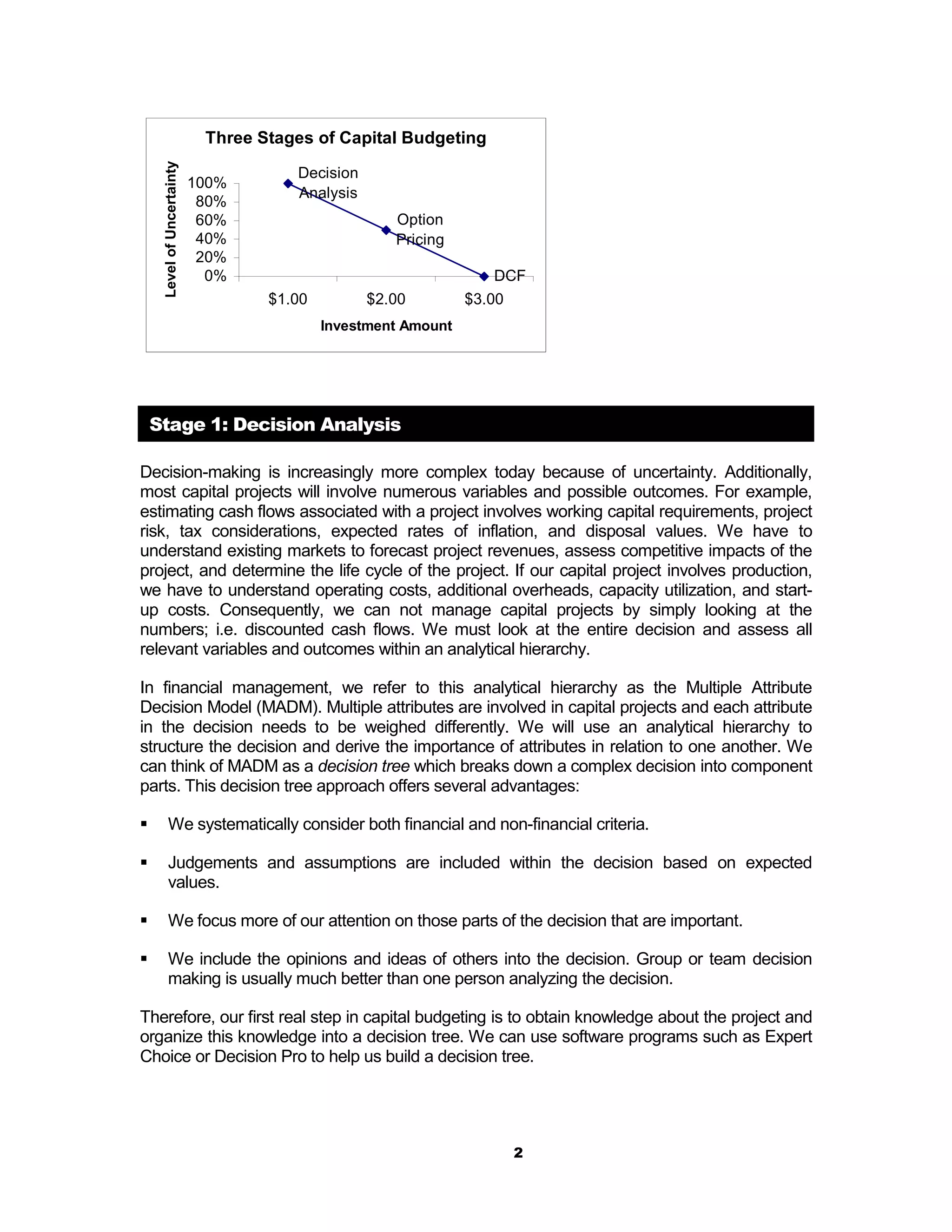 Three Stages of Capital Budgeting
     Level of Uncertainty              Decision
                            100%
                                       Analysis
                             80%
                             60%                     Option
                             40%                     Pricing
                             20%
                              0%                                   DCF
                                    $1.00         $2.00         $3.00
                                            Investment Amount




    Stage 1: Decision Analysis

Decision-making is increasingly more complex today because of uncertainty. Additionally,
most capital projects will involve numerous variables and possible outcomes. For example,
estimating cash flows associated with a project involves working capital requirements, project
risk, tax considerations, expected rates of inflation, and disposal values. We have to
understand existing markets to forecast project revenues, assess competitive impacts of the
project, and determine the life cycle of the project. If our capital project involves production,
we have to understand operating costs, additional overheads, capacity utilization, and start-
up costs. Consequently, we can not manage capital projects by simply looking at the
numbers; i.e. discounted cash flows. We must look at the entire decision and assess all
relevant variables and outcomes within an analytical hierarchy.

In financial management, we refer to this analytical hierarchy as the Multiple Attribute
Decision Model (MADM). Multiple attributes are involved in capital projects and each attribute
in the decision needs to be weighed differently. We will use an analytical hierarchy to
structure the decision and derive the importance of attributes in relation to one another. We
can think of MADM as a decision tree which breaks down a complex decision into component
parts. This decision tree approach offers several advantages:

!        We systematically consider both financial and non-financial criteria.

!        Judgements and assumptions are included within the decision based on expected
         values.

!        We focus more of our attention on those parts of the decision that are important.

!        We include the opinions and ideas of others into the decision. Group or team decision
         making is usually much better than one person analyzing the decision.

Therefore, our first real step in capital budgeting is to obtain knowledge about the project and
organize this knowledge into a decision tree. We can use software programs such as Expert
Choice or Decision Pro to help us build a decision tree.




                                                                        2
 