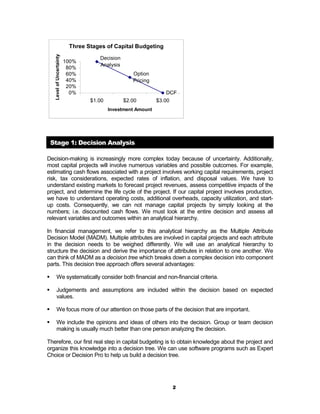 Three Stages of Capital Budgeting
     Level of Uncertainty              Decision
                            100%
                                       Analysis
                             80%
                             60%                     Option
                             40%                     Pricing
                             20%
                              0%                                   DCF
                                    $1.00         $2.00         $3.00
                                            Investment Amount




    Stage 1: Decision Analysis

Decision-making is increasingly more complex today because of uncertainty. Additionally,
most capital projects will involve numerous variables and possible outcomes. For example,
estimating cash flows associated with a project involves working capital requirements, project
risk, tax considerations, expected rates of inflation, and disposal values. We have to
understand existing markets to forecast project revenues, assess competitive impacts of the
project, and determine the life cycle of the project. If our capital project involves production,
we have to understand operating costs, additional overheads, capacity utilization, and start-
up costs. Consequently, we can not manage capital projects by simply looking at the
numbers; i.e. discounted cash flows. We must look at the entire decision and assess all
relevant variables and outcomes within an analytical hierarchy.

In financial management, we refer to this analytical hierarchy as the Multiple Attribute
Decision Model (MADM). Multiple attributes are involved in capital projects and each attribute
in the decision needs to be weighed differently. We will use an analytical hierarchy to
structure the decision and derive the importance of attributes in relation to one another. We
can think of MADM as a decision tree which breaks down a complex decision into component
parts. This decision tree approach offers several advantages:

!        We systematically consider both financial and non-financial criteria.

!        Judgements and assumptions are included within the decision based on expected
         values.

!        We focus more of our attention on those parts of the decision that are important.

!        We include the opinions and ideas of others into the decision. Group or team decision
         making is usually much better than one person analyzing the decision.

Therefore, our first real step in capital budgeting is to obtain knowledge about the project and
organize this knowledge into a decision tree. We can use software programs such as Expert
Choice or Decision Pro to help us build a decision tree.




                                                                        2
 