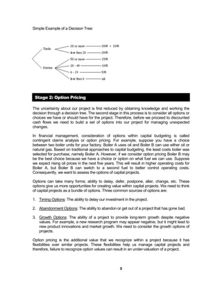 Simple Example of a Decision Tree:




 Stage 2: Option Pricing

The uncertainty about our project is first reduced by obtaining knowledge and working the
decision through a decision tree. The second stage in this process is to consider all options or
choices we have or should have for the project. Therefore, before we proceed to discounted
cash flows we need to build a set of options into our project for managing unexpected
changes.

In financial management, consideration of options within capital budgeting is called
contingent claims analysis or option pricing. For example, suppose you have a choice
between two boiler units for your factory. Boiler A uses oil and Boiler B can use either oil or
natural gas. Based on traditional approaches to capital budgeting, the least costs boiler was
selected for purchase, namely Boiler A. However, if we consider option pricing Boiler B may
be the best choice because we have a choice or option on what fuel we can use. Suppose
we expect rising oil prices in the next five years. This will result in higher operating costs for
Boiler A, but Boiler B can switch to a second fuel to better control operating costs.
Consequently, we want to assess the options of capital projects.

Options can take many forms; ability to delay, defer, postpone, alter, change, etc. These
options give us more opportunities for creating value within capital projects. We need to think
of capital projects as a bundle of options. Three common sources of options are:

1. Timing Options: The ability to delay our investment in the project.

2. Abandonment Options: The ability to abandon or get out of a project that has gone bad.

3. Growth Options: The ability of a project to provide long-term growth despite negative
   values. For example, a new research program may appear negative, but it might lead to
   new product innovations and market growth. We need to consider the growth options of
   projects.

Option pricing is the additional value that we recognize within a project because it has
flexibilities over similar projects. These flexibilities help us manage capital projects and
therefore, failure to recognize option values can result in an under-valuation of a project.



                                                      3
 