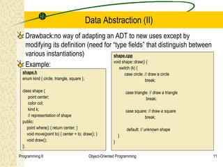 Data Abstraction (II)
   Drawback:no way of adapting an ADT to new uses except by
   modifying its definition (need for “type fields” that distinguish between
   various instantiations)            shape.cpp
                                      void shape::draw() {
   Example:                              switch (k) {
  shape.h                                                          case circle: // draw a circle
  enum kind { circle, triangle, square };                                       break;

  class shape {                                                    case triangle: // draw a triangle
      point center;                                                            break;
      color col;
      kind k;                                                      case square: // draw a square
      // representation of shape                                             break;
  public:
     point where() { return center; }                               default: // unknown shape
     void move(point to) { center = to; draw(); }              }
     void draw();                                          }
  };

Programming II                               Object-Oriented Programming                               11
 
