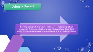 What is Event?
It is the effect of the transaction. After recording of all
expenses & incomes business may get profit or loss. Such
profit or loss is the effect of transaction & it is called as Event.
 