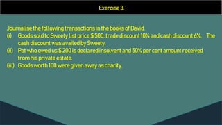 Exercise 3.
Journalise the following transactions in the books of David.
(i) Goods sold to Sweety list price $ 500, trade discount 10% and cash discount 6%. The
cash discount was availed by Sweety.
(ii) Pat who owed us $ 200 is declared insolvent and 50% per cent amount received
from his private estate.
(iii) Goods worth 100 were given away as charity.
 