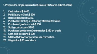 1. Prepare the Single Column Cash Book of RK Stores. (March, 2022)
1. Cash in hand $ 6,600.
2. Paid Salary to Clerk $ 200.
4. Received dividend $ 350.
6. Purchased Printing & Stationery Material for $ 650.
9. Purchased goods on cash $ 450.
12. Sold goods on cash $ 900.
15. Purchased goods from Cummins for $ 350 on credit.
17. Cash paid into Bank $ 400.
19. $ 140 withdrawn for personaluse from office.
22. Wages due $ 80 to workers.
 