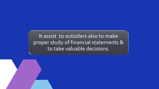 It assist to outsiders also to make
proper study of financial statements &
to take valuable decisions.
 