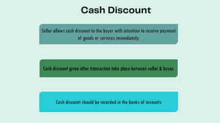 Seller allows cash discount to the buyer with intention to receive payment
of goods or services immediately.
Cash discount given after transaction take place between seller & buyer.
Cash discount should be recorded in the books of accounts
 