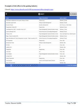 Teacher: Bassem Seddik Page 7 of 20
Examples of Job offers in the gaming industry
Ubisoft: https://www.ubisoft.com/fr-FR/recrutement/offres-demploi.aspx
 