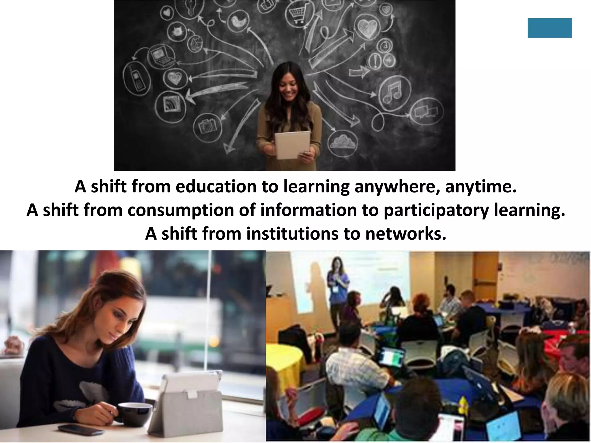 A shift from education to learning anywhere, anytime.
A shift from consumption of information to participatory learning.
A shift from institutions to networks.
 