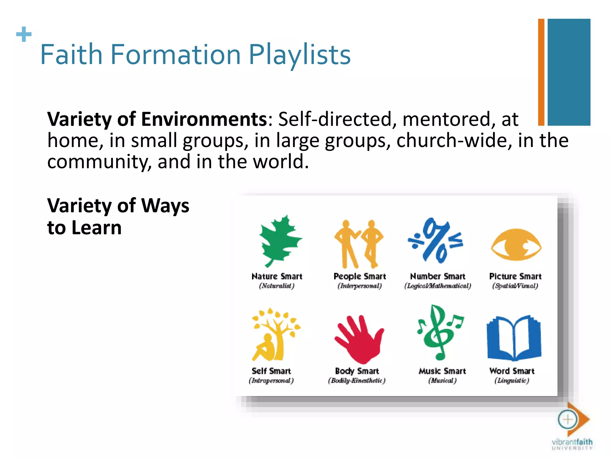 +
Faith Formation Playlists
Variety of Environments: Self-directed, mentored, at
home, in small groups, in large groups, church-wide, in the
community, and in the world.
Variety of Ways
to Learn
 