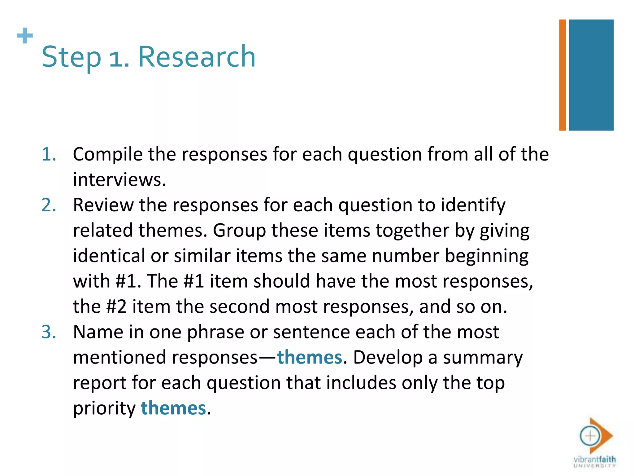 +
Step 1. Research
1. Compile the responses for each question from all of the
interviews.
2. Review the responses for each question to identify
related themes. Group these items together by giving
identical or similar items the same number beginning
with #1. The #1 item should have the most responses,
the #2 item the second most responses, and so on.
3. Name in one phrase or sentence each of the most
mentioned responses—themes. Develop a summary
report for each question that includes only the top
priority themes.
 