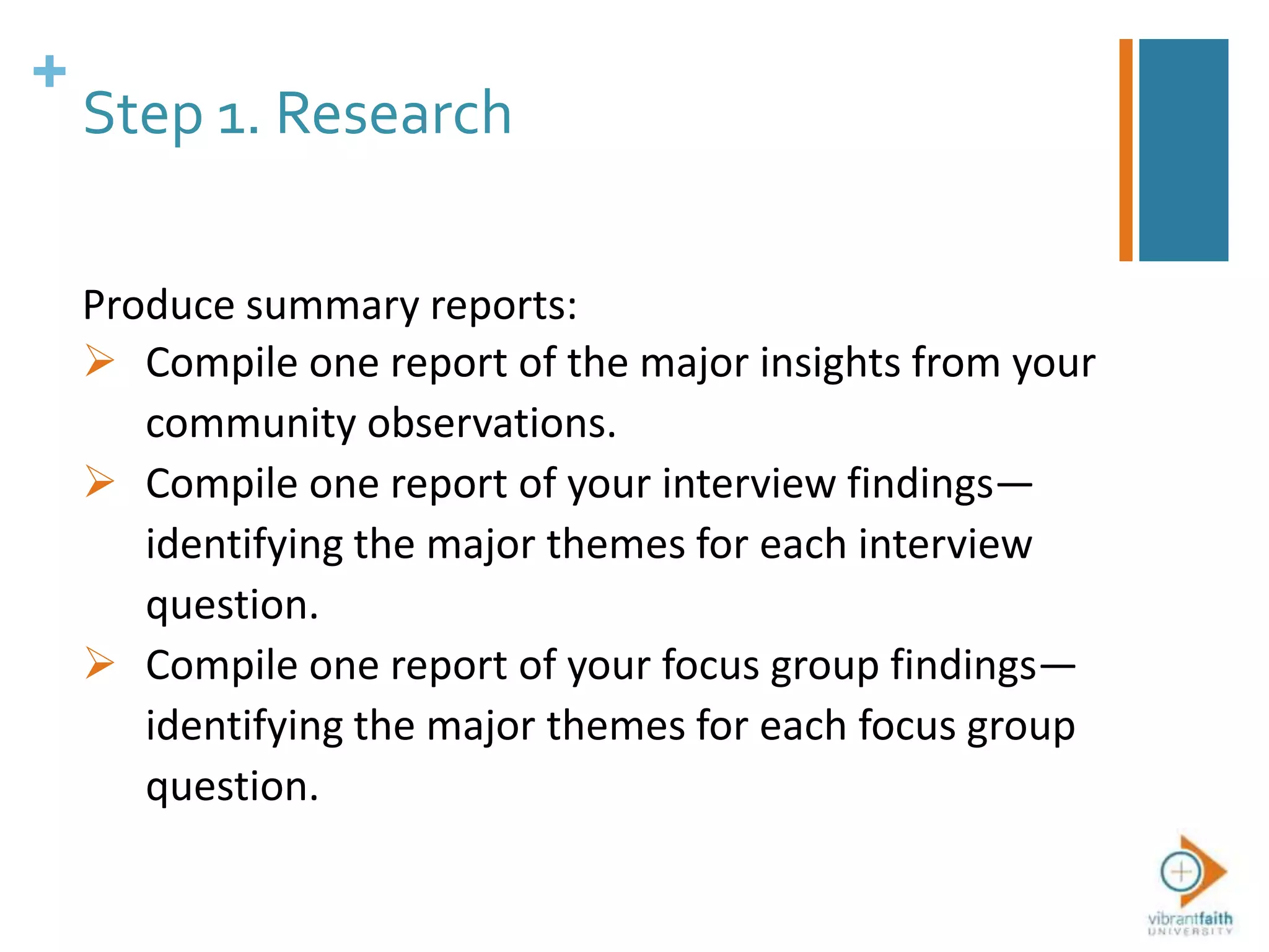+
Step 1. Research
Produce summary reports:
 Compile one report of the major insights from your
community observations.
 Compile one report of your interview findings—
identifying the major themes for each interview
question.
 Compile one report of your focus group findings—
identifying the major themes for each focus group
question.
 