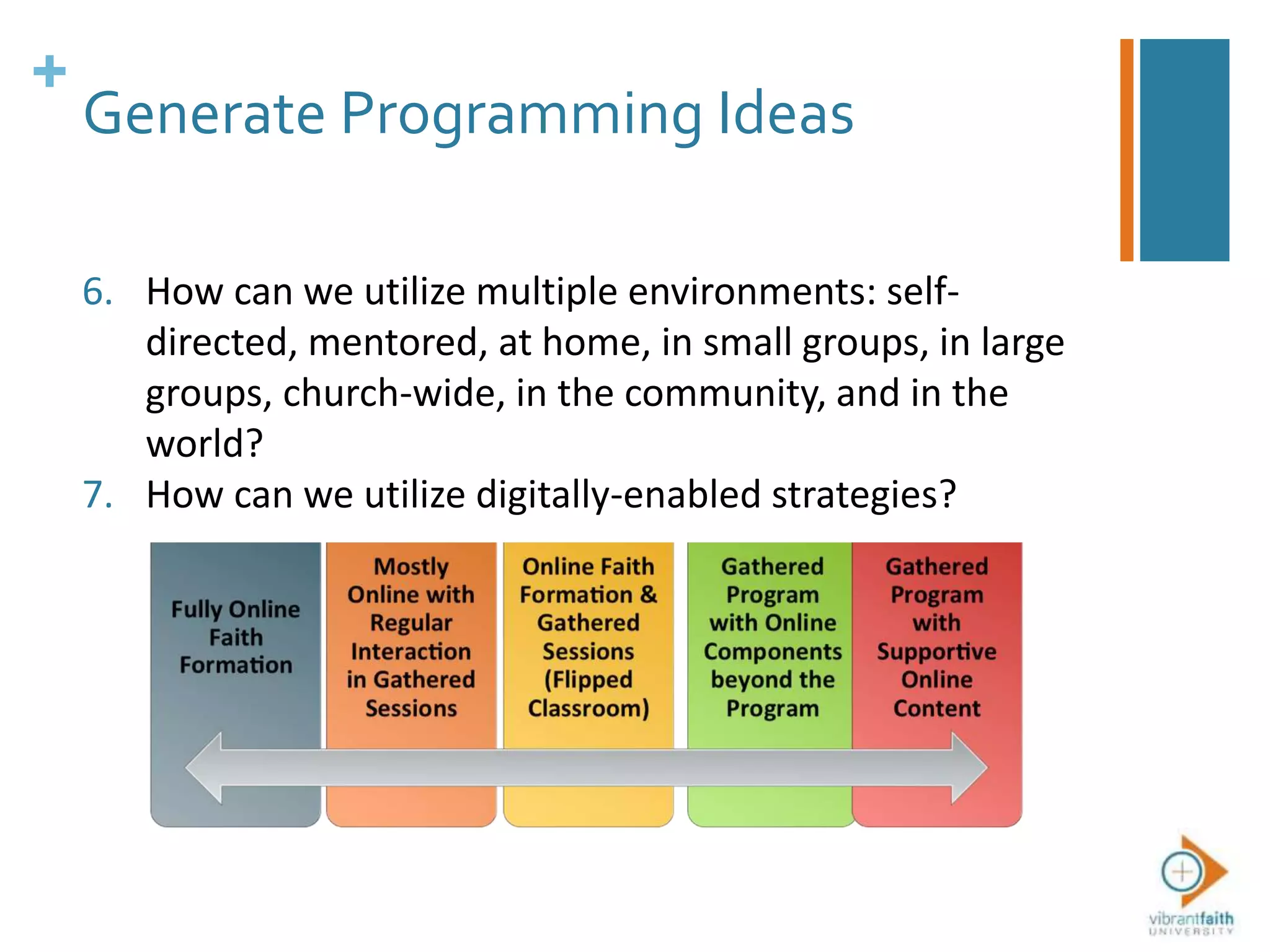 +
Generate Programming Ideas
6. How can we utilize multiple environments: self-
directed, mentored, at home, in small groups, in large
groups, church-wide, in the community, and in the
world?
7. How can we utilize digitally-enabled strategies?
 