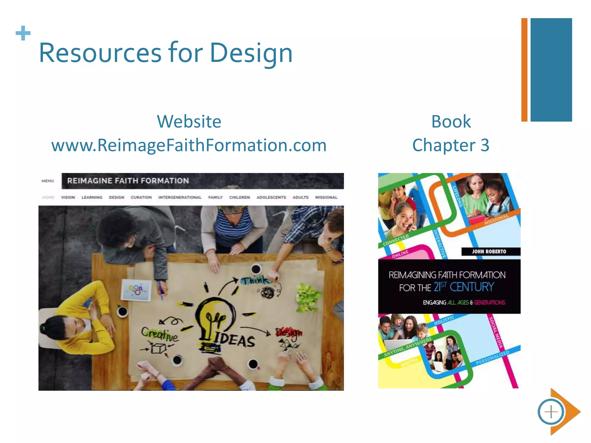 +
Resources for Design
Website
www.ReimageFaithFormation.com
Book
Chapter 3
 