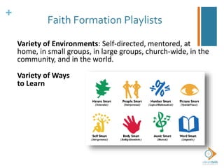 +
Faith Formation Playlists
Variety of Environments: Self-directed, mentored, at
home, in small groups, in large groups, church-wide, in the
community, and in the world.
Variety of Ways
to Learn
 